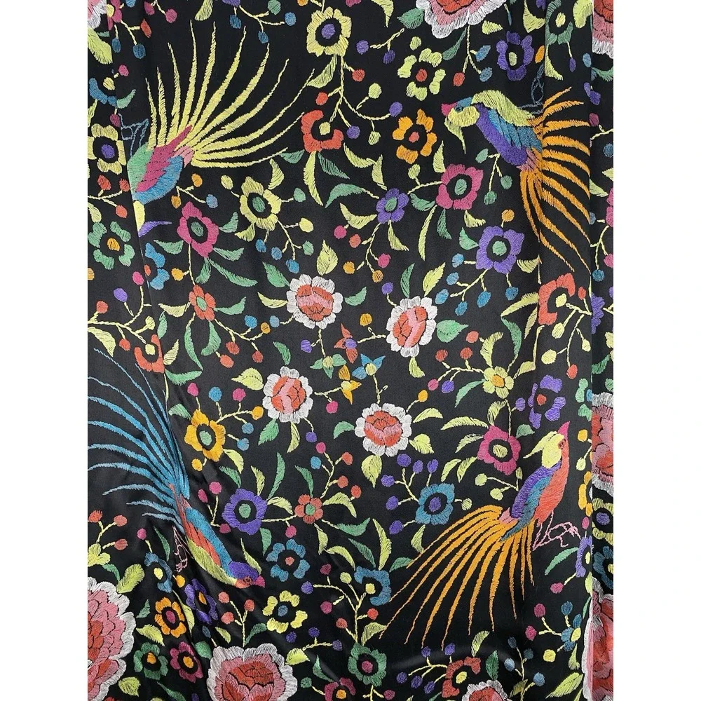 Clio Women's 12 Black Colorful Satin Floral Bird Beaded Fringe Maxi Skirt